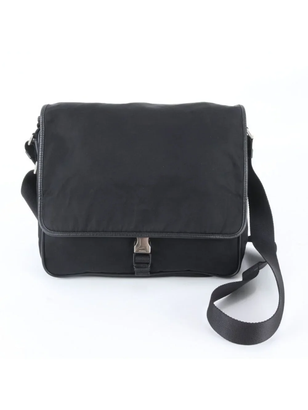 Prada Tessuto Nylon Triangle Logo Leather Shoulder Bag Crossbody Messenger Black